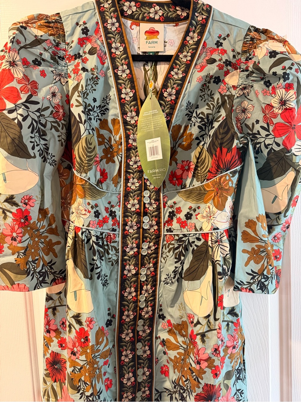 FARM Rio Aqua Floral Embroidered Puff-Sleeve Coat - Picture 3 of 5